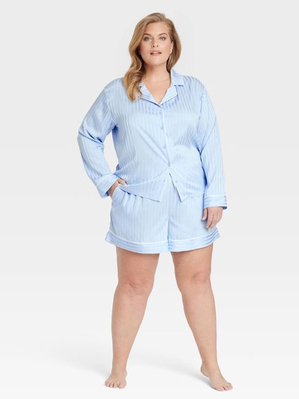 NWT Auden Light Blue Satin Button-Front Pajama Top & Shorts 1X - Picture 4 of 16
